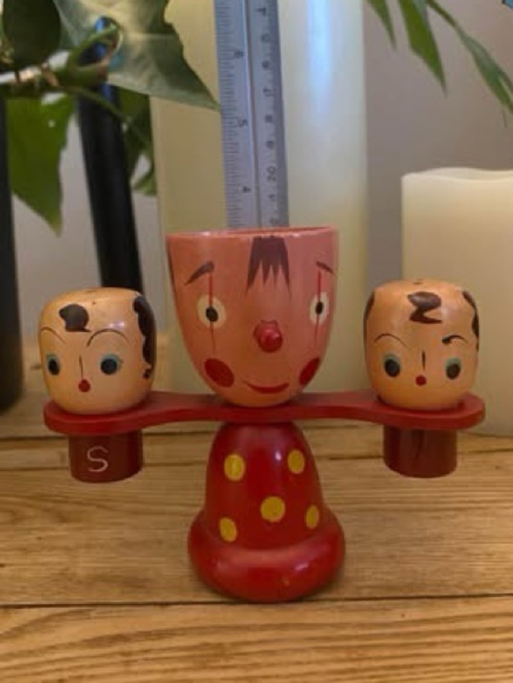 Vintage Kokeshi Style Clown Seesaw Salt Pepper Shakers Toothpick Holder Wood Jap